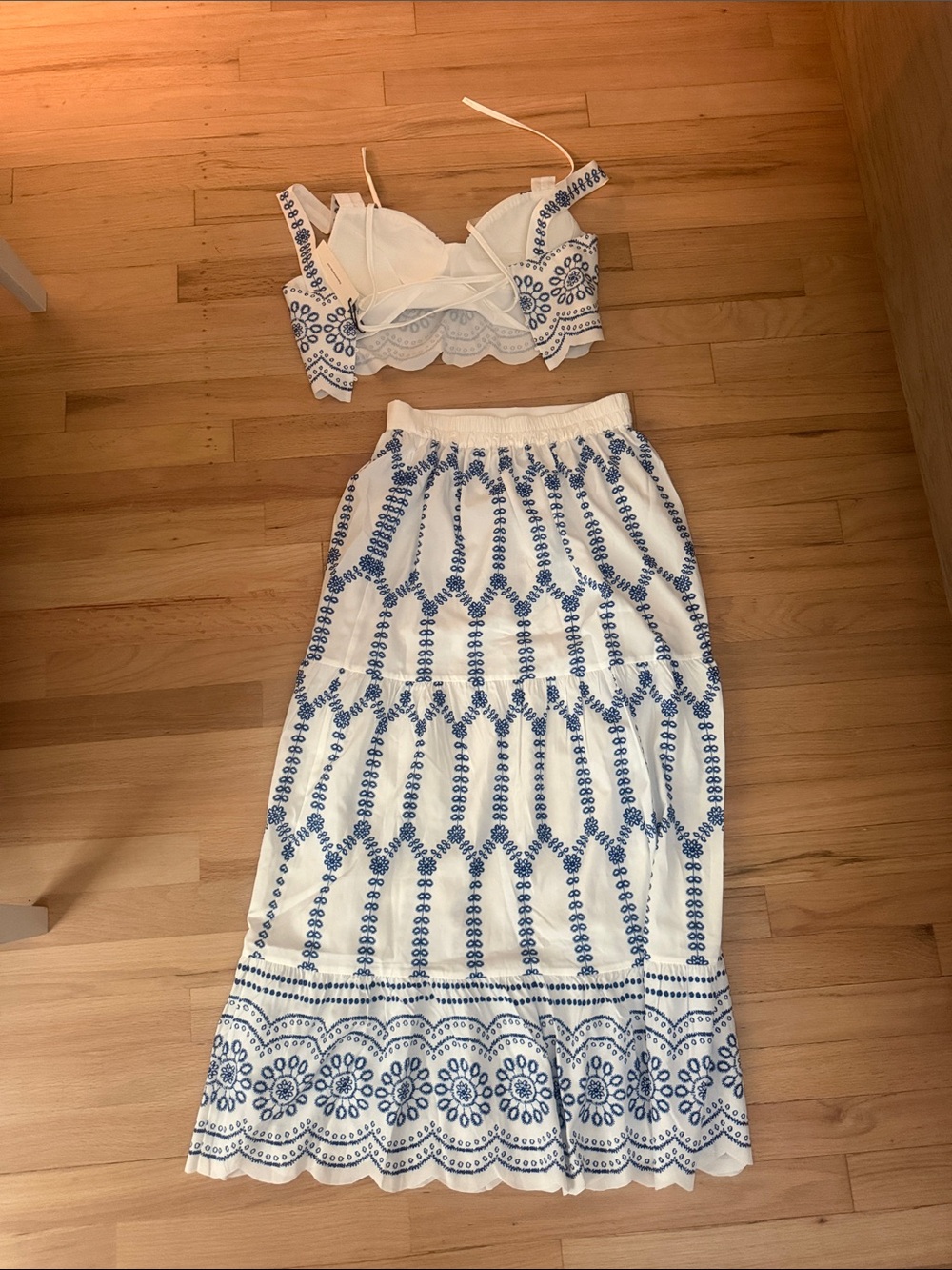 Commense White and Blue Embroidered Two-Piece Skirt Set - Picture 3 of 3